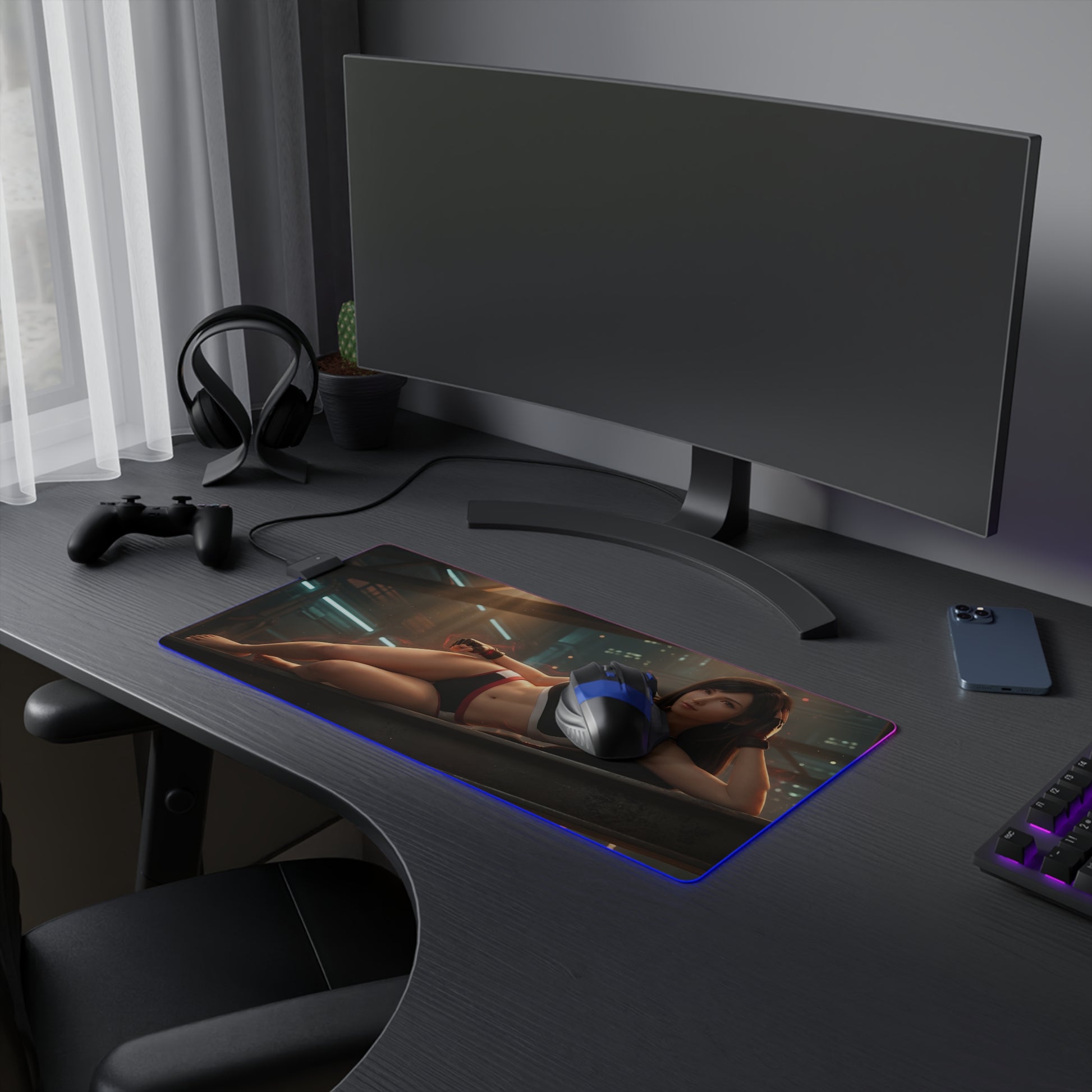 Tifa Lockhart RGB Mouse Pad – Final Fantasy LED Desk Mat, RPG Gamer Setup featuring high-definition Tifa artwork with vibrant RGB edge lighting