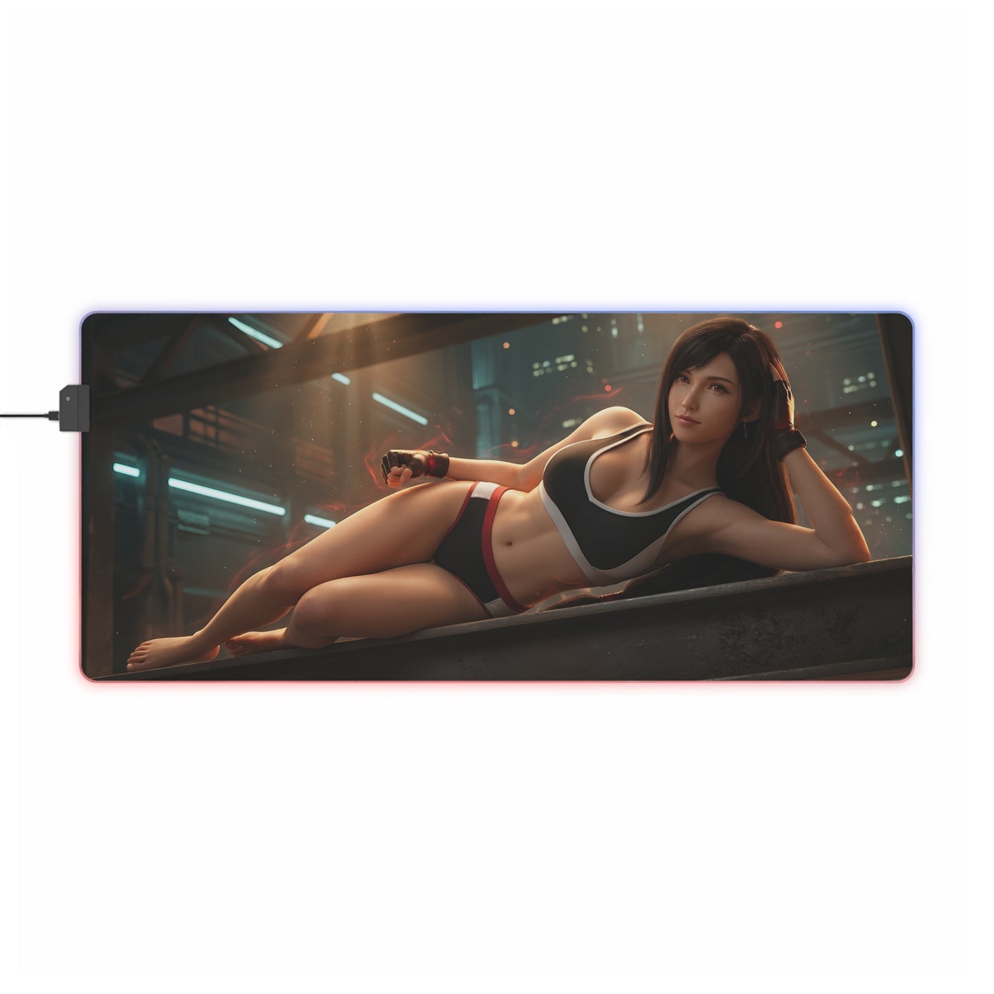 Tifa Lockhart RGB Mouse Pad – Final Fantasy LED Desk Mat, RPG Gamer Setup - reclining heroine artwork on extended RGB mat with vibrant edge lighting