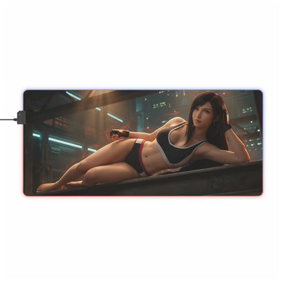 Tifa Lockhart RGB Mouse Pad – Final Fantasy LED Desk Mat, RPG Gamer Setup - reclining heroine artwork on extended RGB mat with vibrant edge lighting