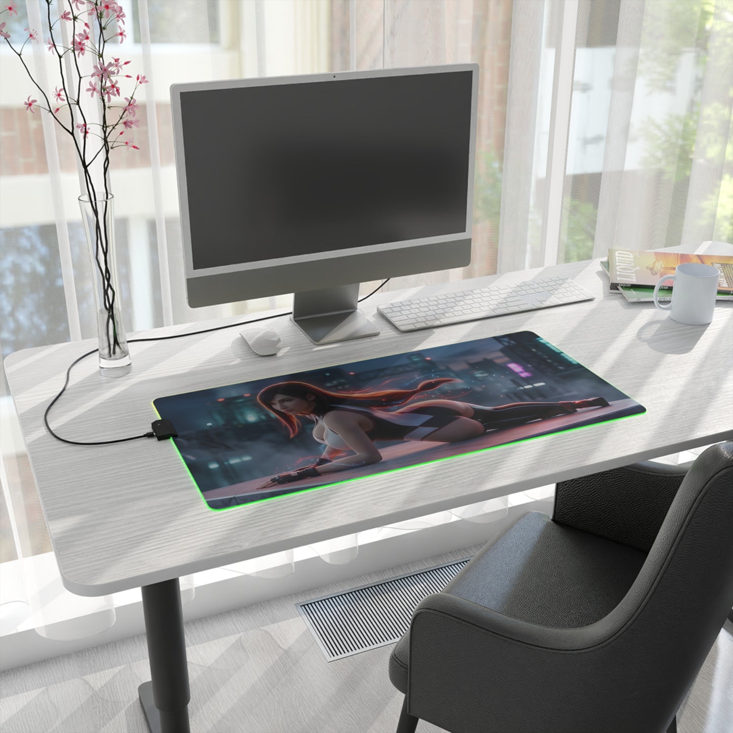 Tifa Lockhart RGB Mouse Pad – Final Fantasy Illuminated Gaming Desk Mat, Gamer Room Decor on modern desk with RGB edge lighting and high‑def character art