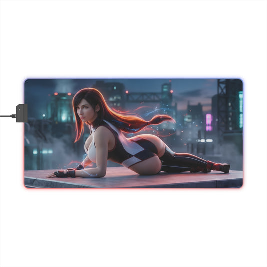 Tifa Lockhart RGB Mouse Pad – Final Fantasy Illuminated Gaming Desk Mat, Gamer Room Decor featuring Tifa artwork with RGB edge lighting on extended desk mat