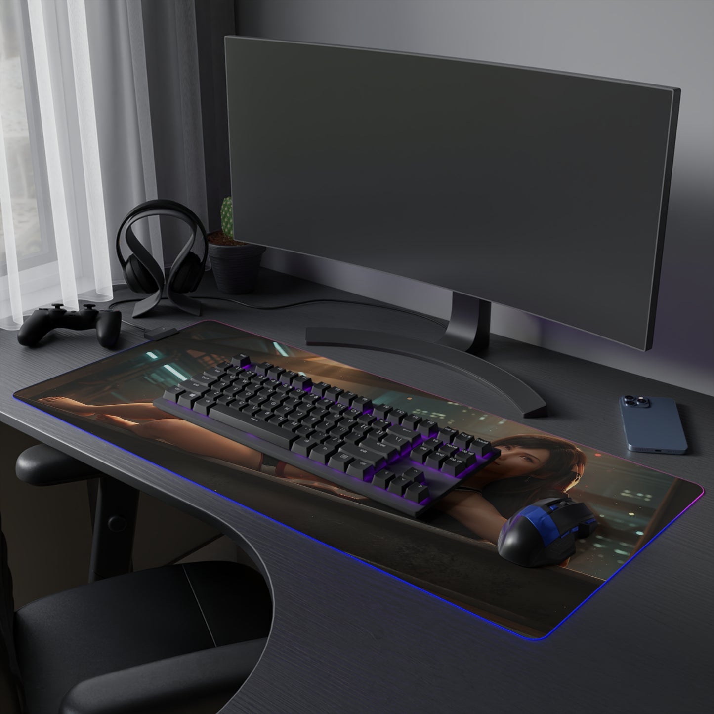 Tifa Lockhart RGB Mouse Pad – Final Fantasy LED Desk Mat, RPG Gamer Setup showing extended RGB desk mat with keyboard, mouse, and Tifa artwork