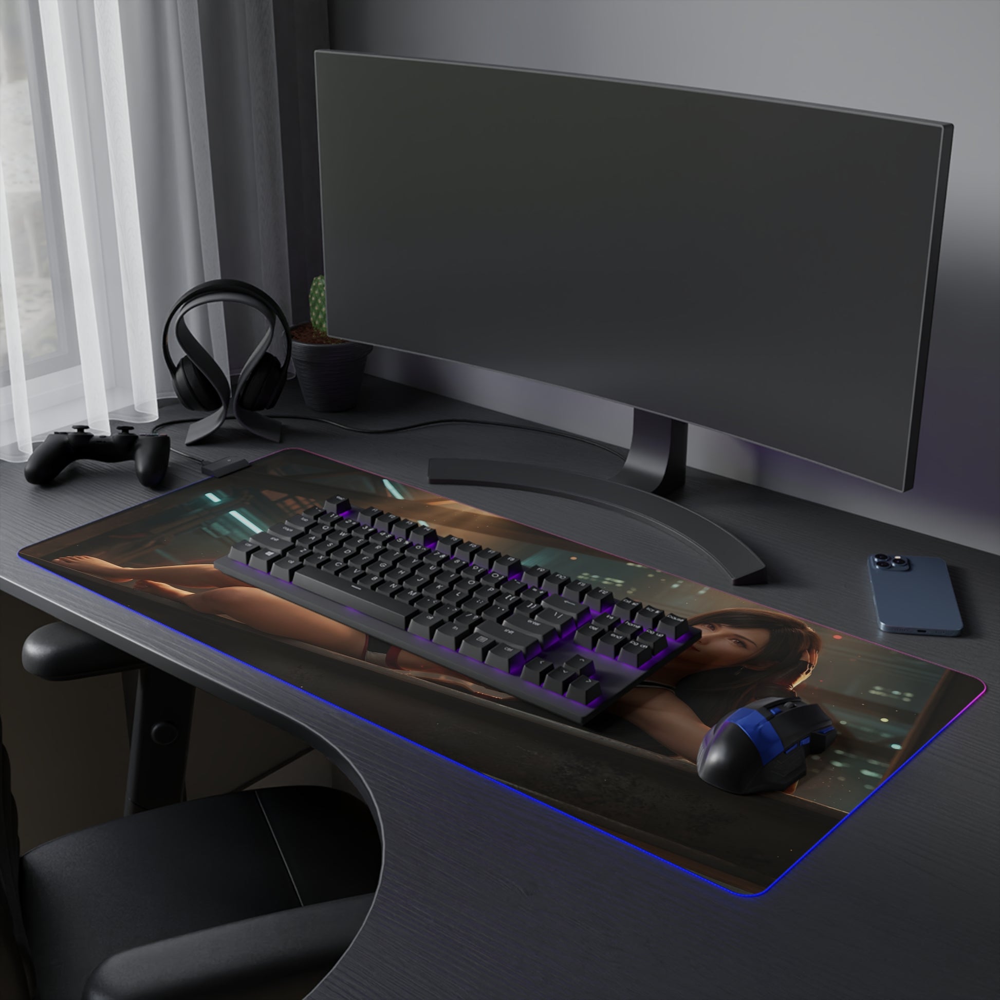 Tifa Lockhart RGB Mouse Pad – Final Fantasy LED Desk Mat, RPG Gamer Setup showing extended RGB desk mat with keyboard, mouse, and Tifa artwork