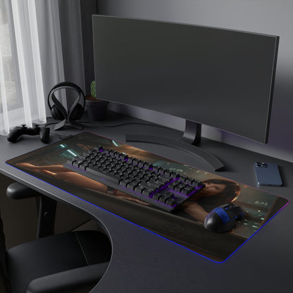 Tifa Lockhart RGB Mouse Pad – Final Fantasy LED Desk Mat, RPG Gamer Setup showing extended RGB desk mat with keyboard, mouse, and Tifa artwork