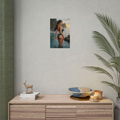 Tomb Raider Poster – Lara Croft Art Print, Adventure Game Wall Art featuring Lara waist-deep in tropical ocean at golden sunset