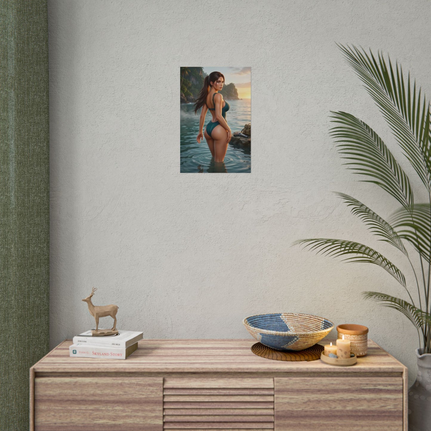 Tomb Raider Poster – Lara Croft Art Print, Adventure Game Wall Art showing Lara waist-deep in tropical ocean at golden sunset with dramatic cliffs and lush island scenery