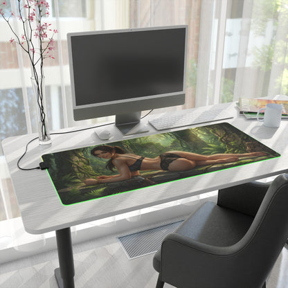 Lara Croft RGB Mouse Pad – Tomb Raider LED Desk Mat, Adventure Gamer Decor on modern white desk with green edge lighting and high‑definition character art