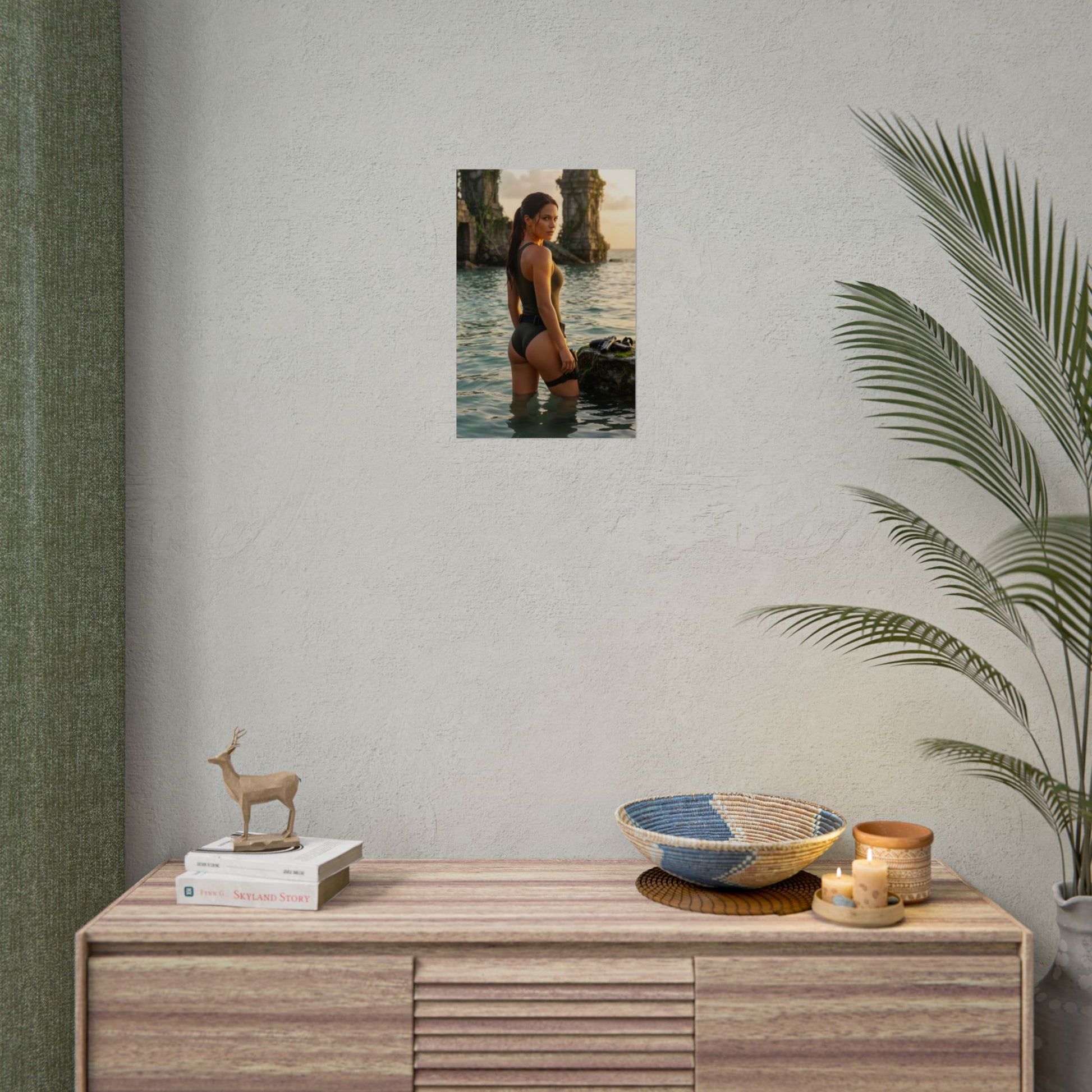 Tomb Raider Poster – Lara Croft Art Print, Adventure Explorer Wall Art showing Lara Croft standing in shallow water by jungle ruins with warm golden lighting