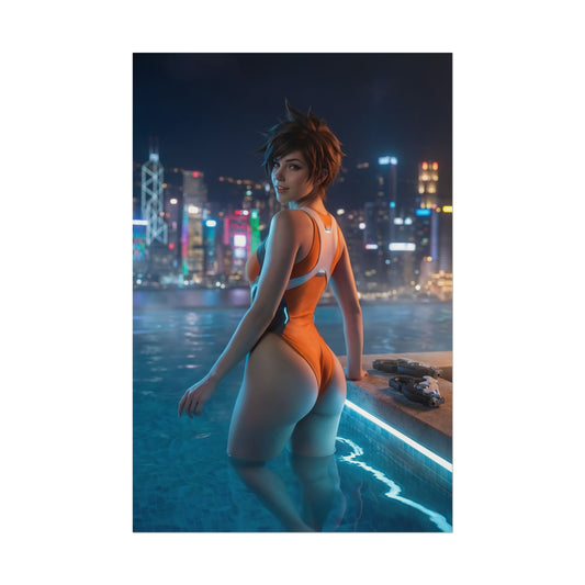 Tracer Poster – Overwatch Art Print, Sci-Fi Hero Gaming Wall Art: cinematic rooftop pool scene of Tracer in orange swimsuit overlooking neon city skyline at night
