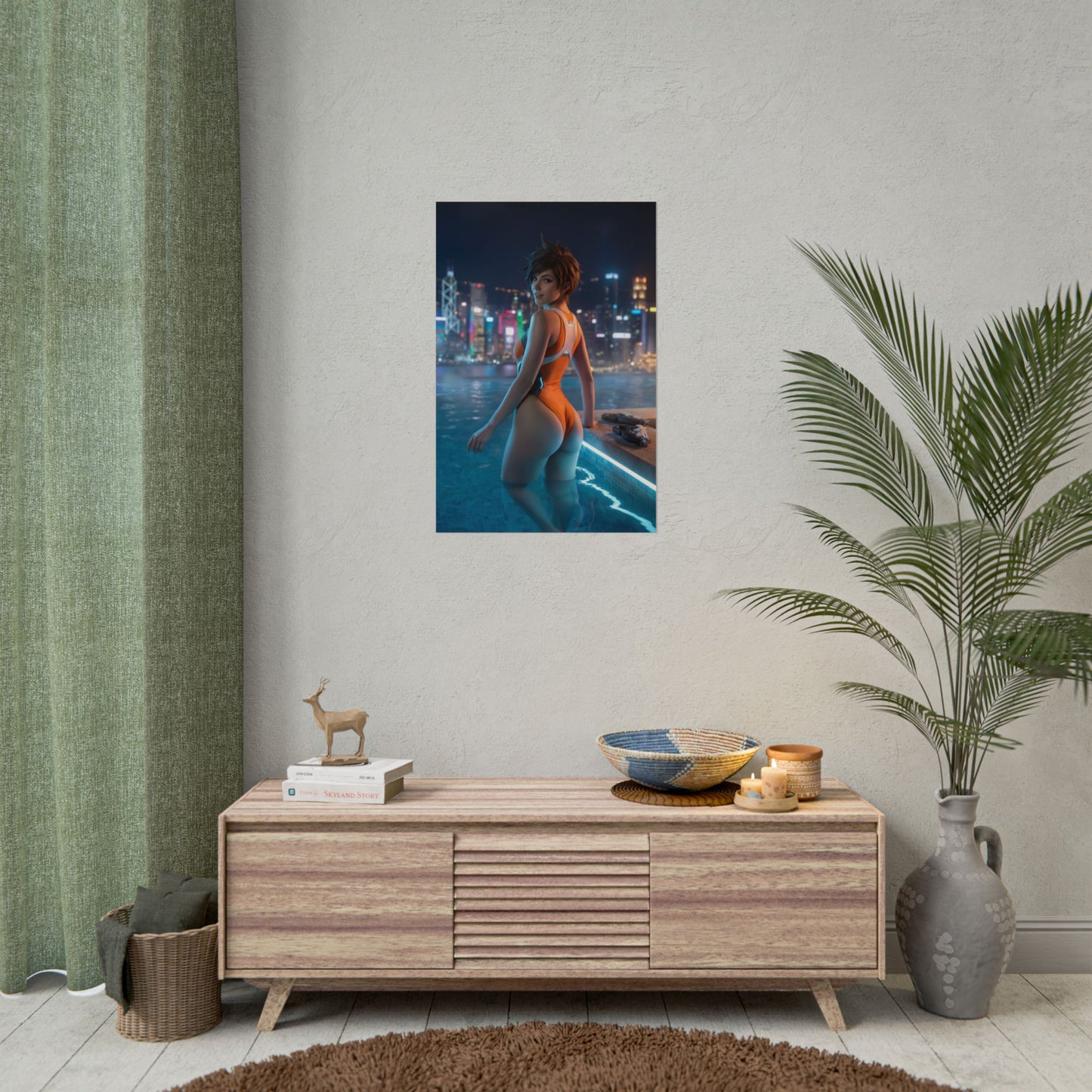 Tracer Poster – Overwatch Art Print, Sci-Fi Hero Gaming Wall Art showing Tracer at a rooftop pool with neon city skyline at night