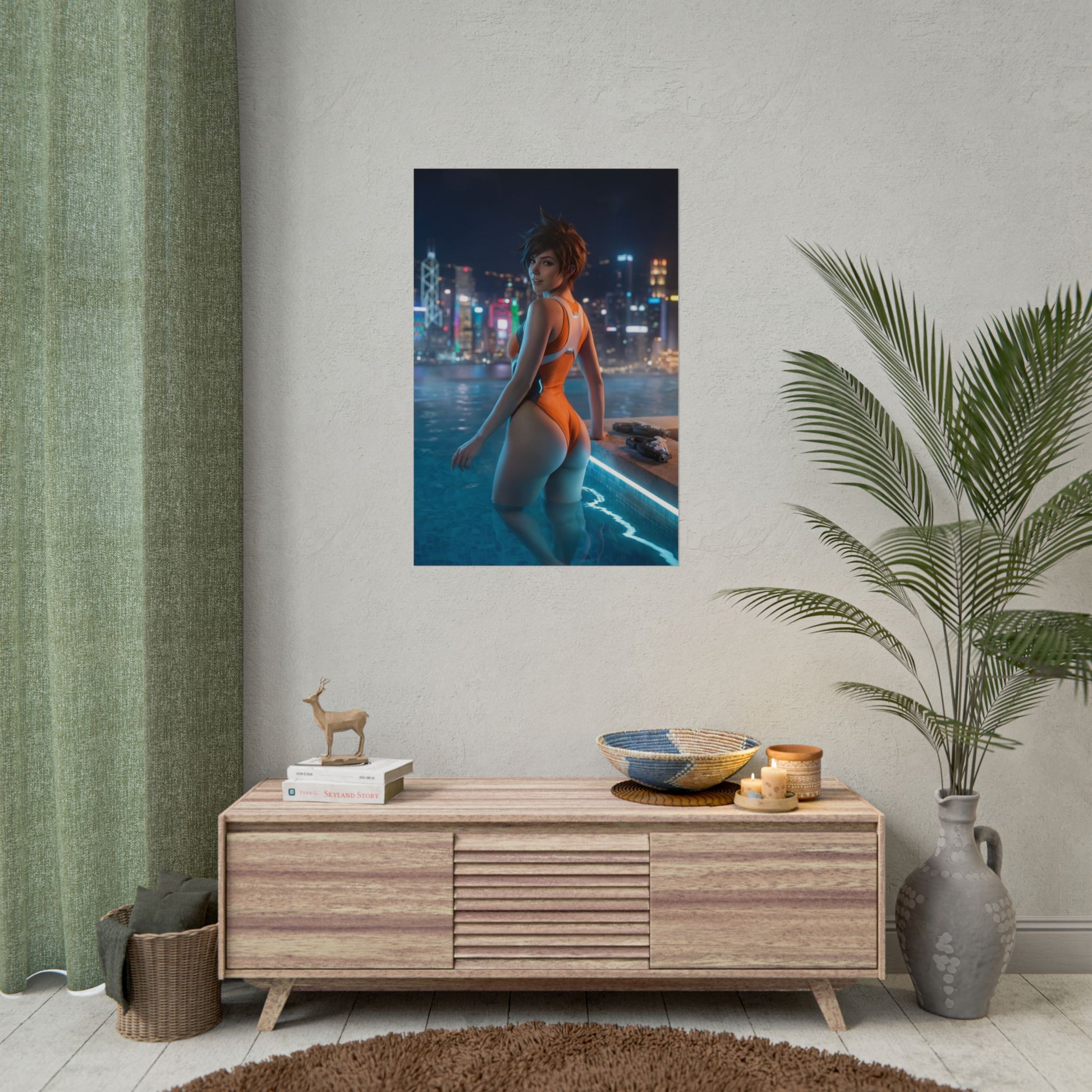 Tracer Poster – Overwatch Art Print, Sci-Fi Hero Gaming Wall Art showing Tracer at rooftop pool with neon city skyline at night