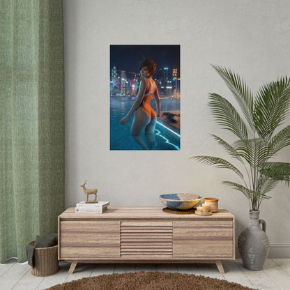 Tracer Poster – Overwatch Art Print, Sci-Fi Hero Gaming Wall Art showing Tracer at rooftop pool with neon city skyline at night