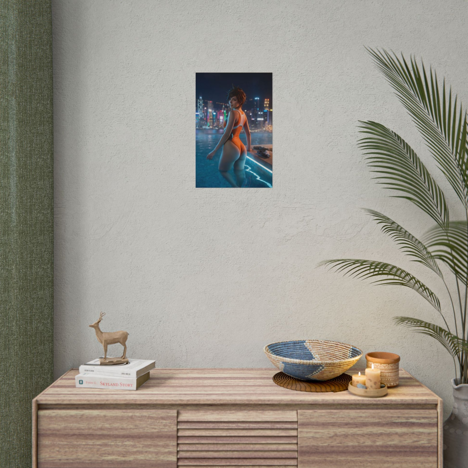 Tracer Poster – Overwatch Art Print, Sci-Fi Hero Gaming Wall Art featuring Tracer by a rooftop pool with neon city skyline at night
