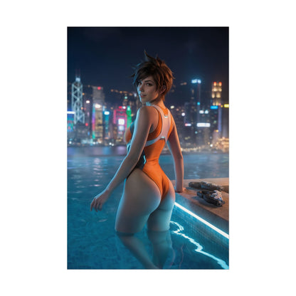 Tracer Poster – Overwatch Art Print, Sci-Fi Hero Gaming Wall Art showing Tracer in a rooftop pool at night with neon city skyline