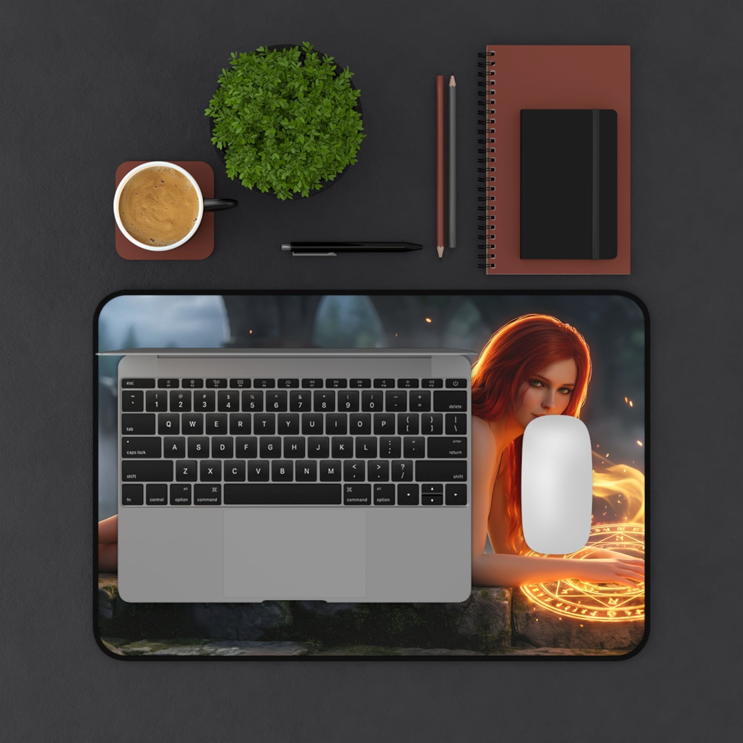 Triss Merigold Mouse Pad – Fantasy Game Gaming Mouse Pad, Stylish Gamer Desk Decor showing red-haired mage artwork on desk with laptop and mouse