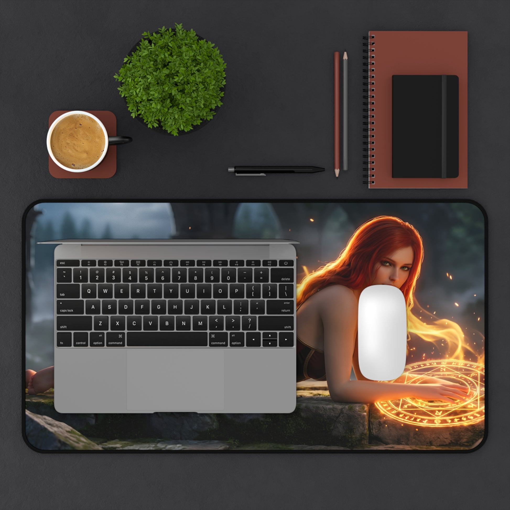 Triss Merigold Mouse Pad – Fantasy Game Gaming Mouse Pad, Stylish Gamer Desk Decor showing red-haired fantasy character on gaming desk with laptop and mouse