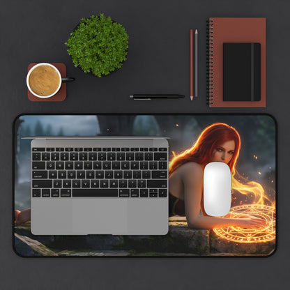 Triss Merigold Mouse Pad – Fantasy Game Gaming Mouse Pad, Stylish Gamer Desk Decor showing red-haired fantasy character on gaming desk with laptop and mouse