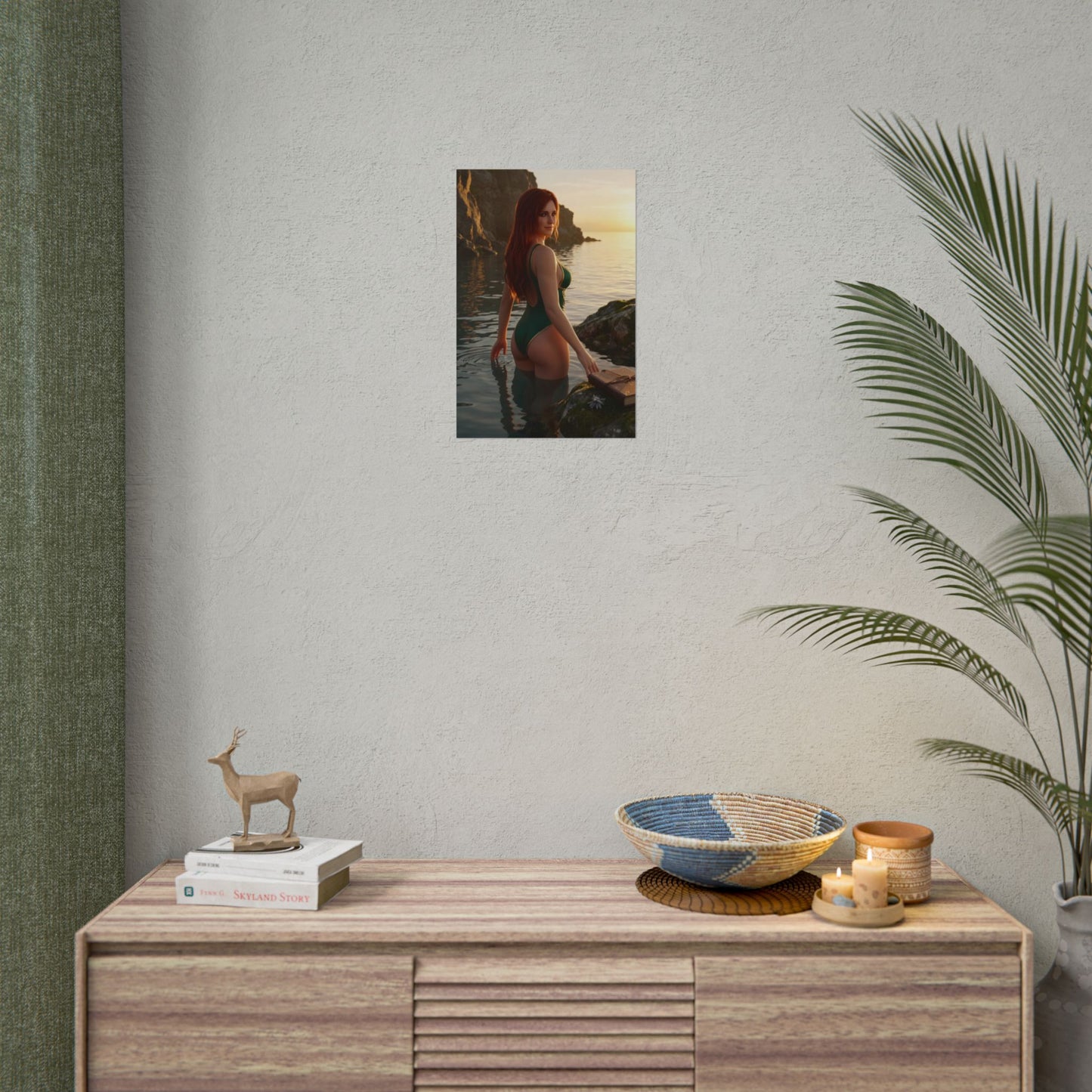 Triss Merigold Poster – The Witcher Art Print, Fantasy Wall Art showing Triss standing in coastal water at sunset with cliffs and golden cinematic lighting
