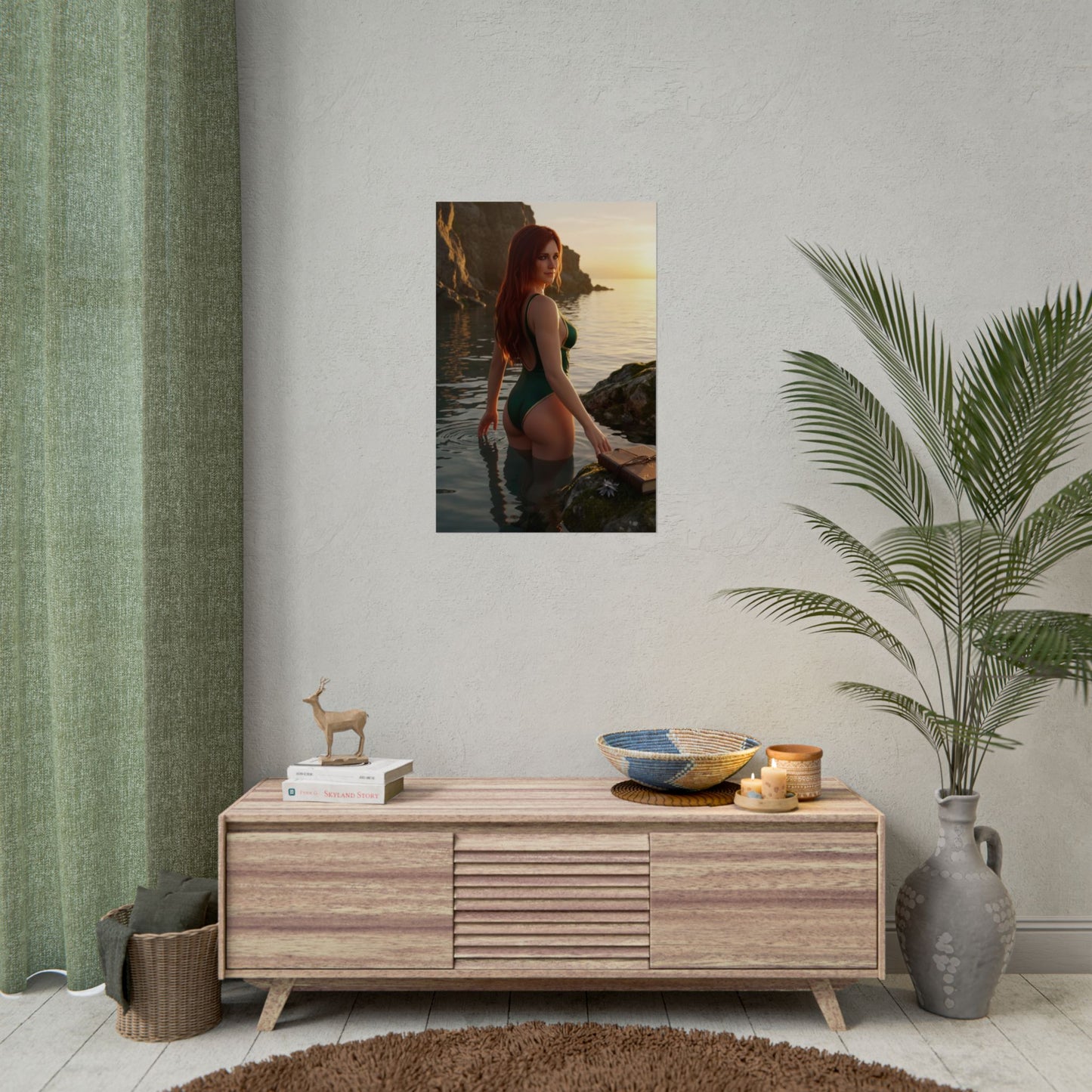 Triss Merigold Poster – The Witcher Art Print, Fantasy Wall Art showing Triss standing in coastal water at sunset with golden cinematic lighting