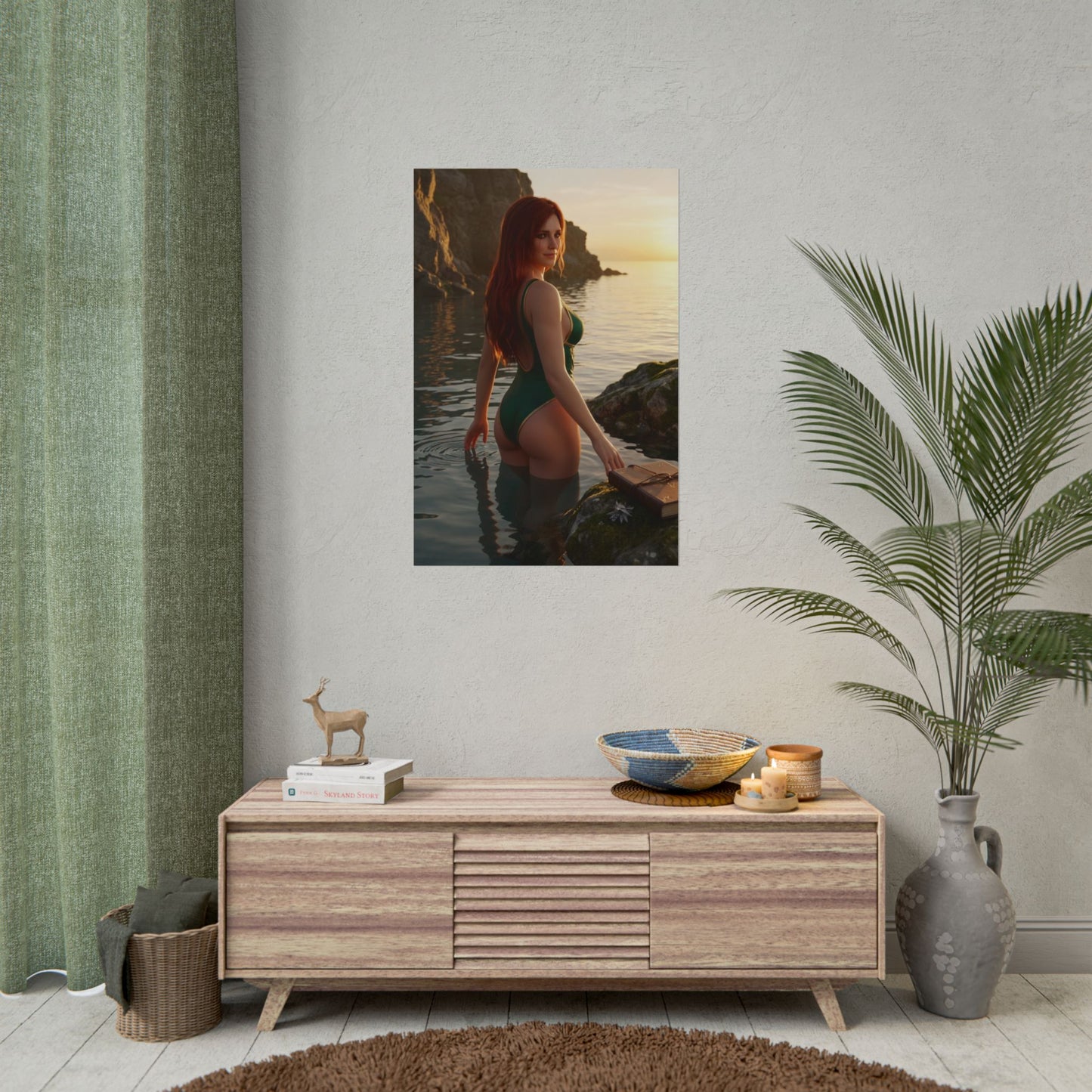 Triss Merigold Poster – The Witcher Art Print, Fantasy Wall Art showing sorceress in coastal water at sunset beside cliffs
