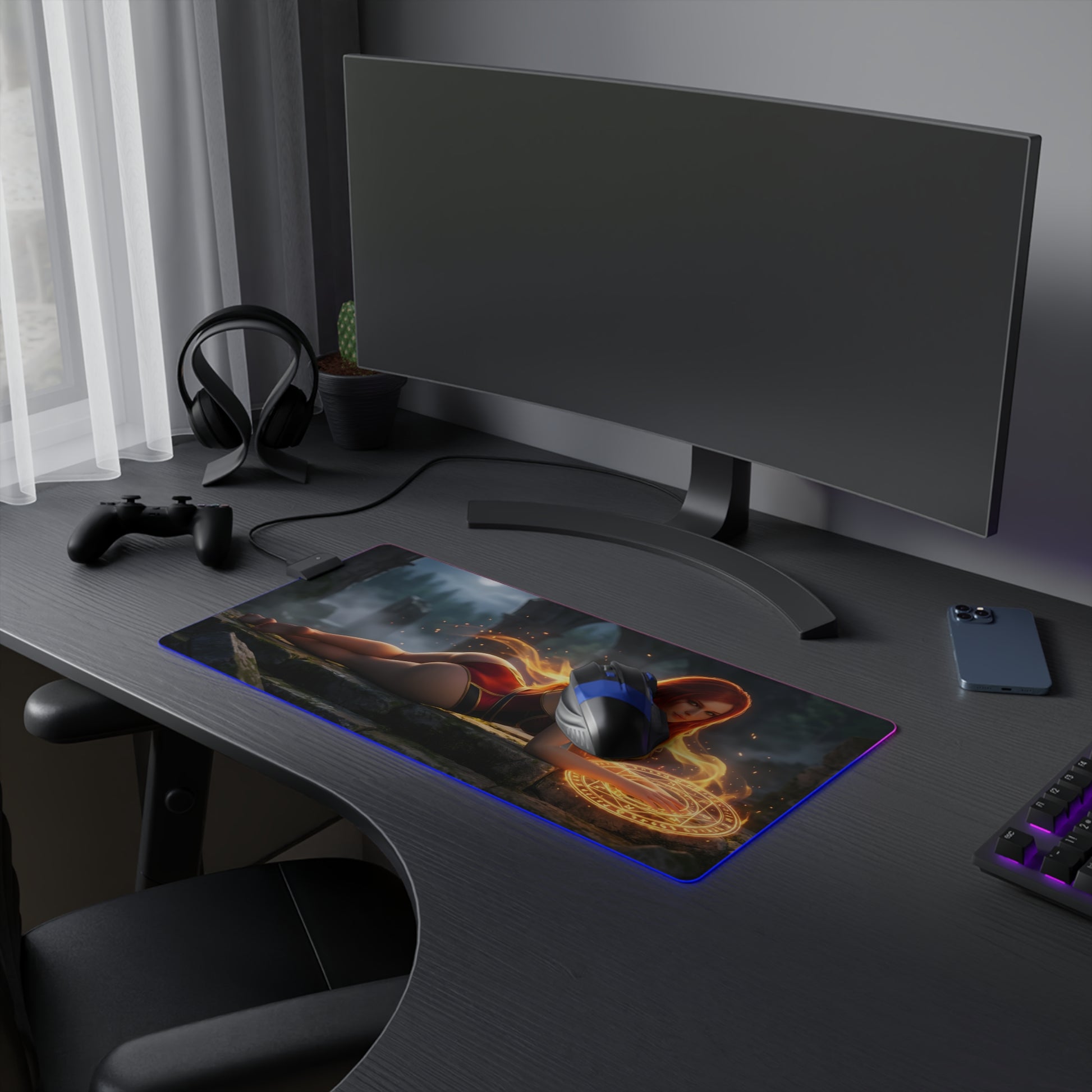 Triss Merigold RGB Mouse Pad – The Witcher LED Desk Mat, Fantasy Gamer Setup on dark gaming desk with keyboard mouse and LED edge