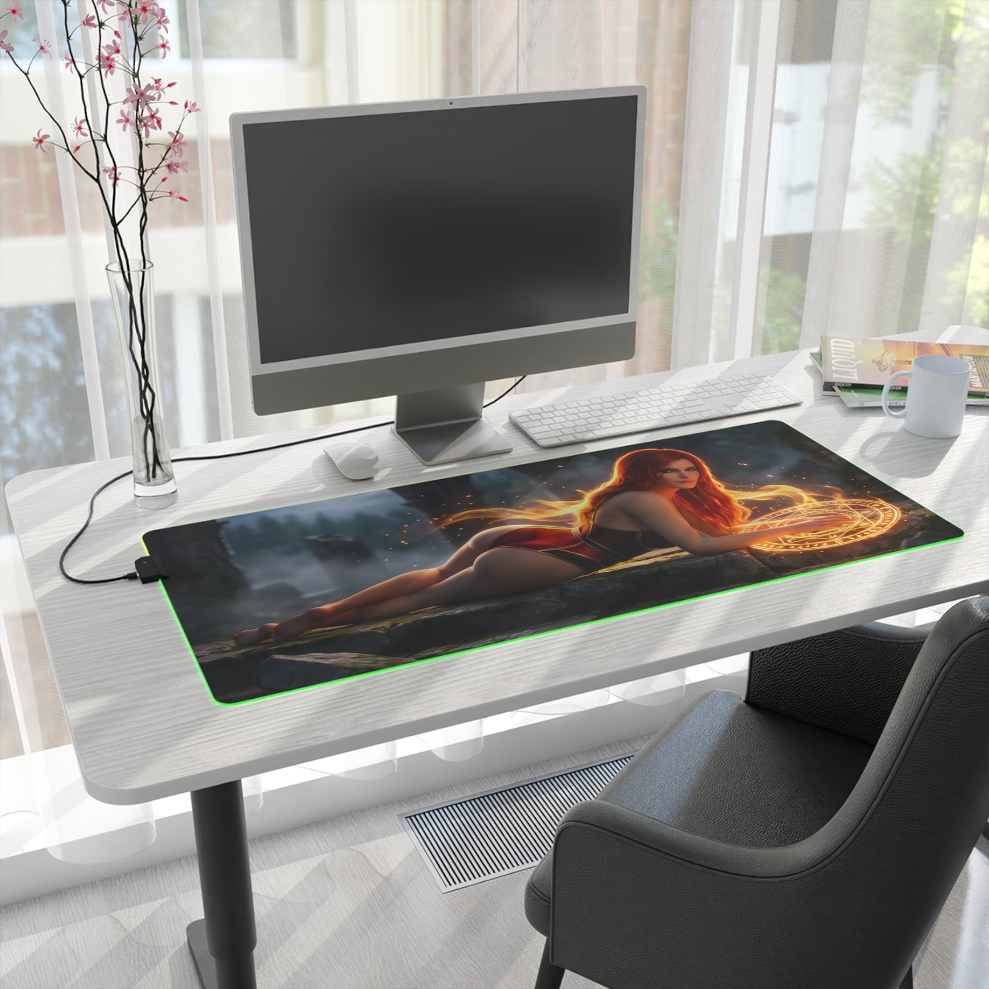 Triss Merigold RGB Mouse Pad – The Witcher LED Desk Mat, Fantasy Gamer Setup on desk with glowing edge and sorceress artwork