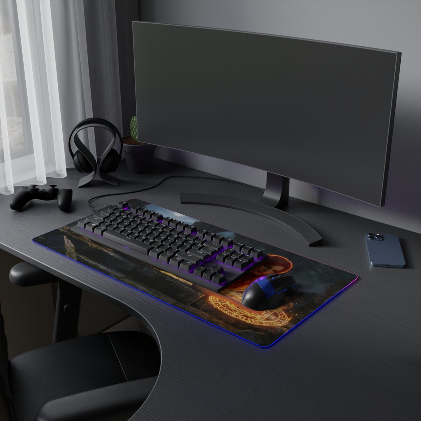 Triss Merigold RGB Mouse Pad – The Witcher LED Desk Mat, Fantasy Gamer Setup on RGB gaming desk with keyboard and mouse