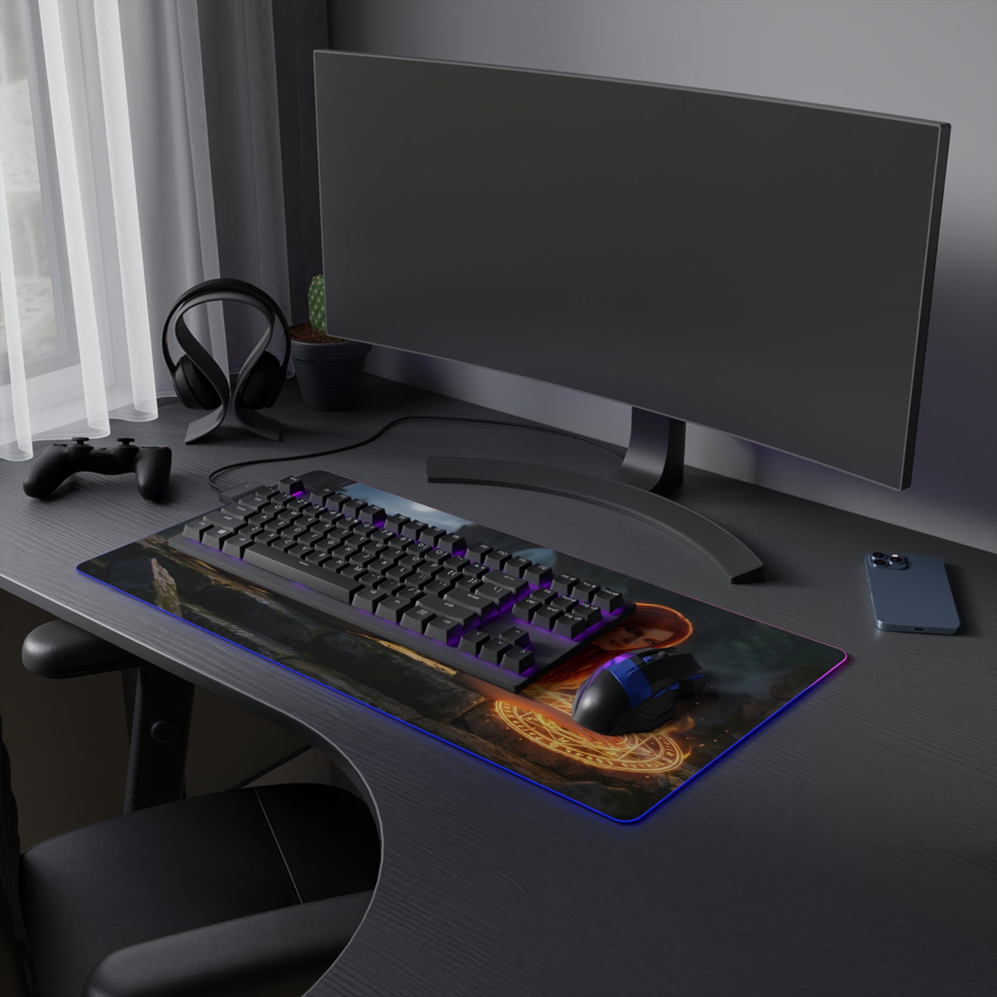 Triss Merigold RGB Mouse Pad – The Witcher LED Desk Mat, Fantasy Gamer Setup on RGB gaming desk with keyboard and mouse