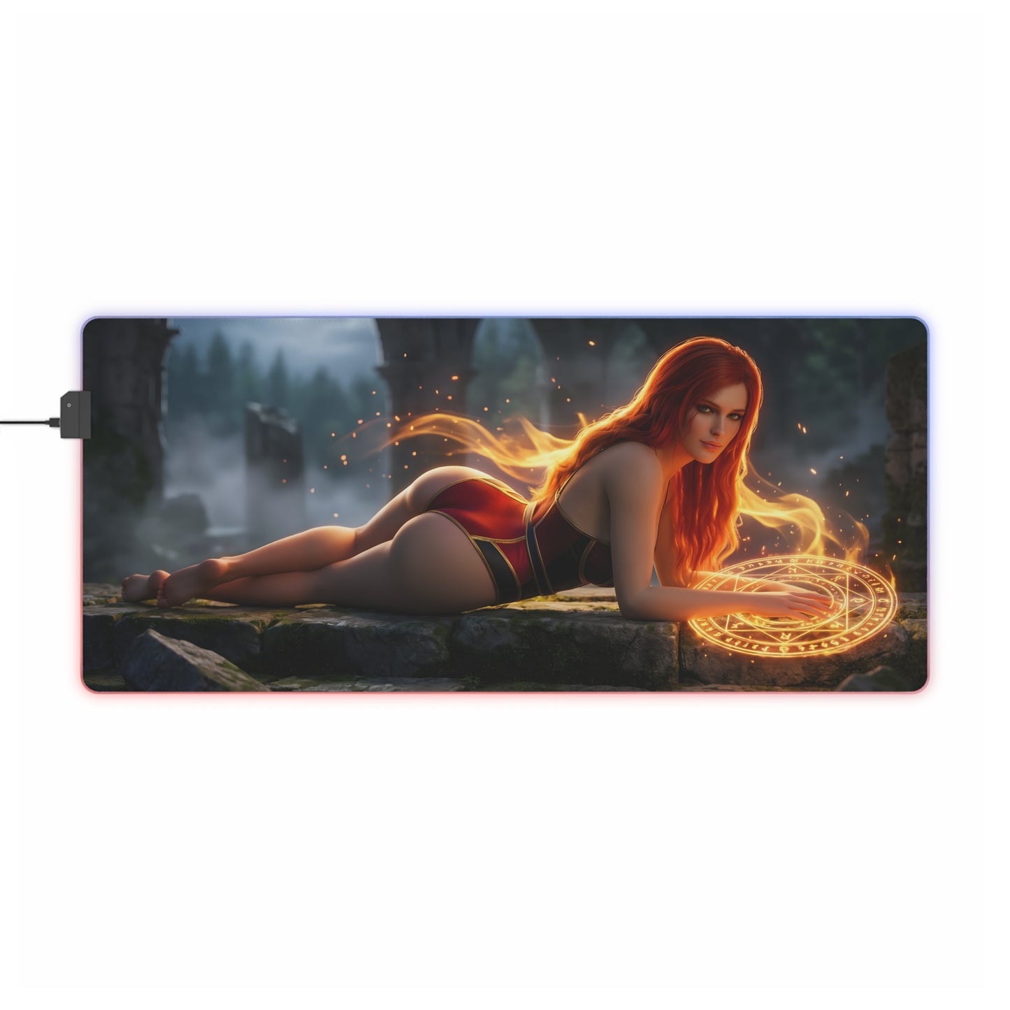 Triss Merigold RGB Mouse Pad – The Witcher LED Desk Mat, Fantasy Gamer Setup featuring sorceress artwork with glowing magic circle and RGB edge lighting