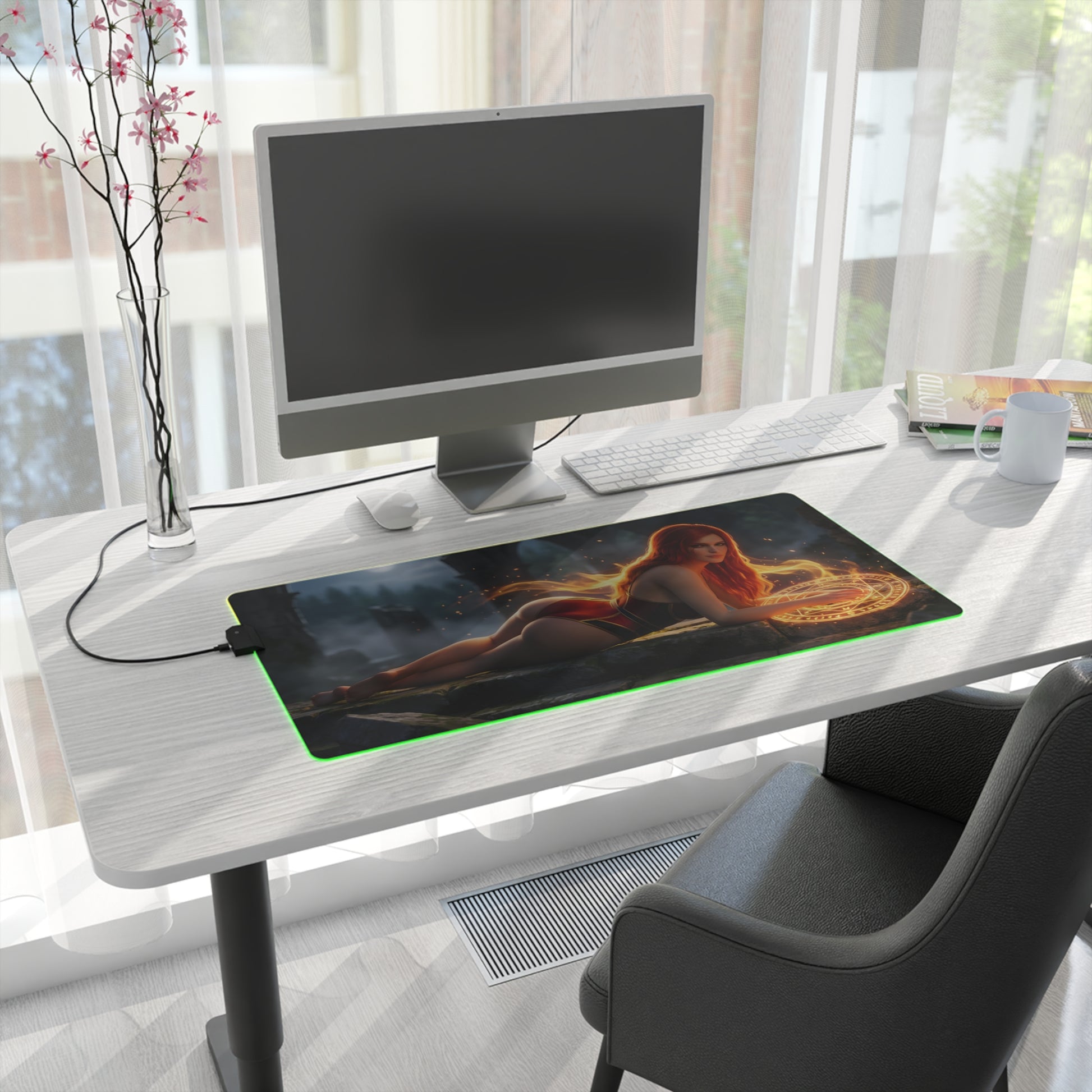 Triss Merigold RGB Mouse Pad – The Witcher LED Desk Mat, Fantasy Gamer Setup on white desk with PC, RGB edge lighting and extended mat artwork