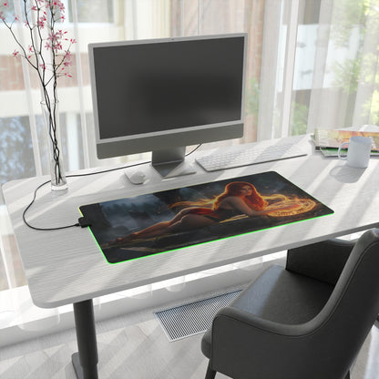 Triss Merigold RGB Mouse Pad – The Witcher LED Desk Mat, Fantasy Gamer Setup on white desk with PC, RGB edge lighting and extended mat artwork
