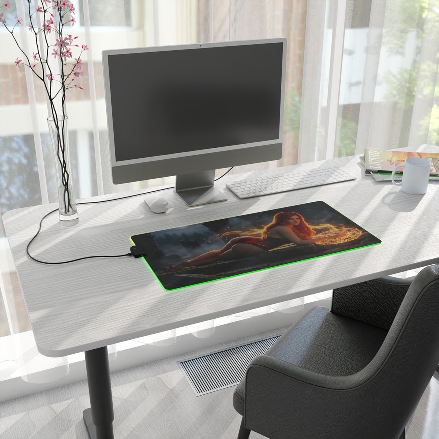 Triss Merigold RGB Mouse Pad – The Witcher LED Desk Mat, Fantasy Gamer Setup on clean white desk with RGB edge lighting
