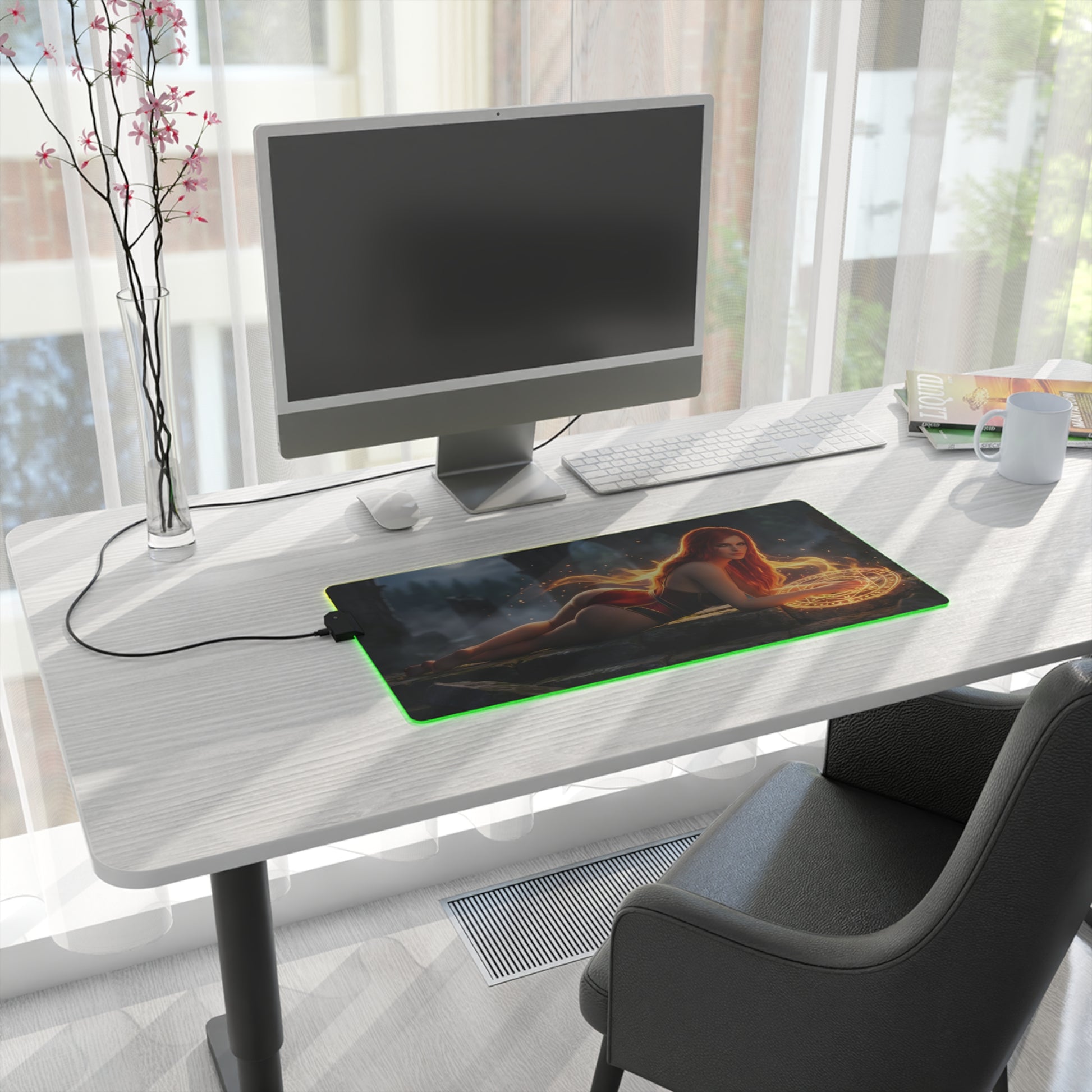 Triss Merigold RGB Mouse Pad – The Witcher LED Desk Mat, Fantasy Gamer Setup on clean white desk with RGB edge lighting