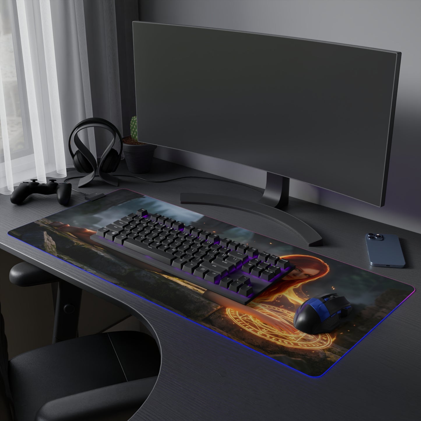 Triss Merigold RGB Mouse Pad – The Witcher LED Desk Mat, Fantasy Gamer Setup on dark gaming desk with RGB edge lighting and keyboard