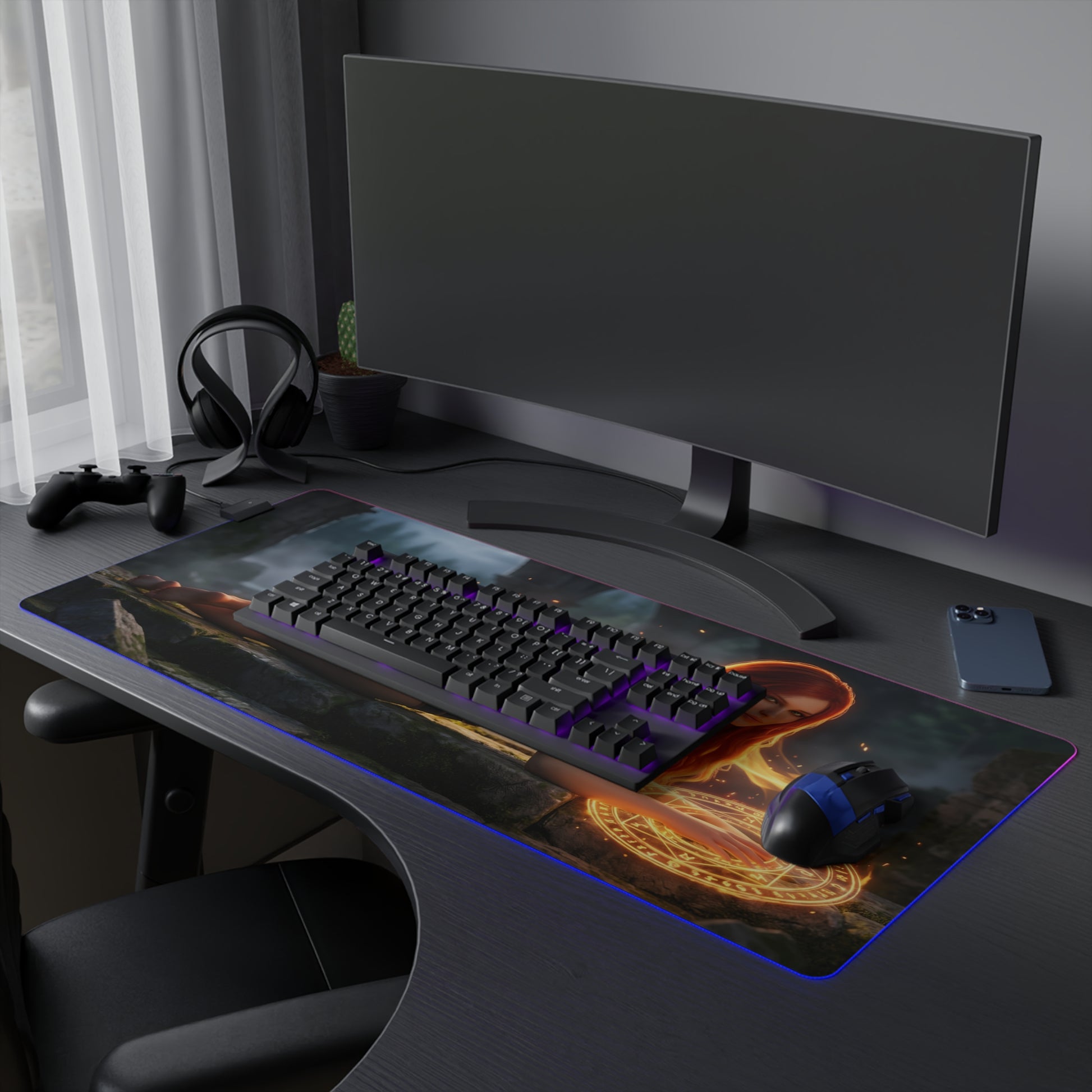 Triss Merigold RGB Mouse Pad – The Witcher LED Desk Mat, Fantasy Gamer Setup on dark gaming desk with RGB edge lighting and keyboard
