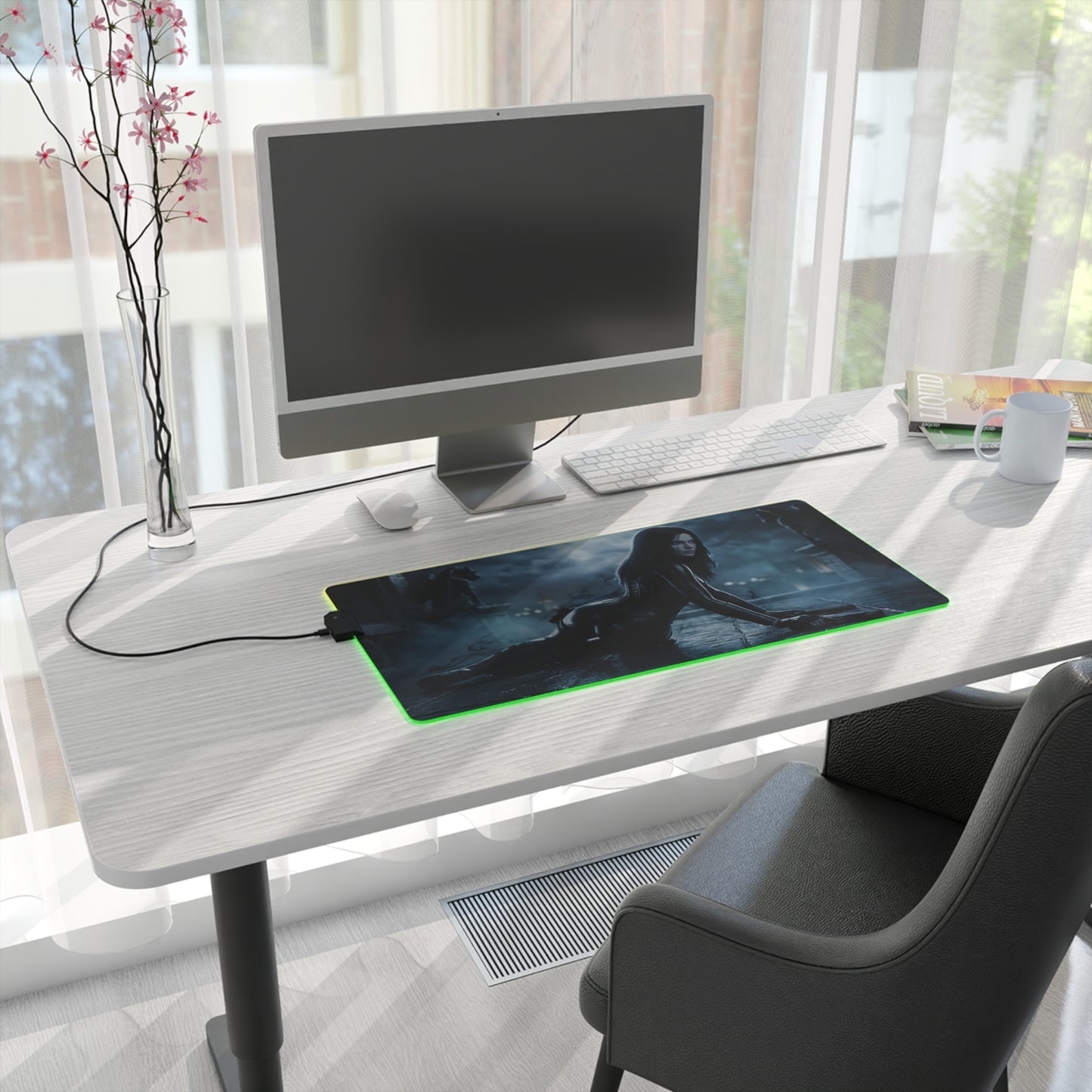 Underworld Mouse Pad, Selene LED RGB Desk Mat, Gift for Gamer, Vampire Room Decor - gothic moonlit gaming desk mat with green RGB edge