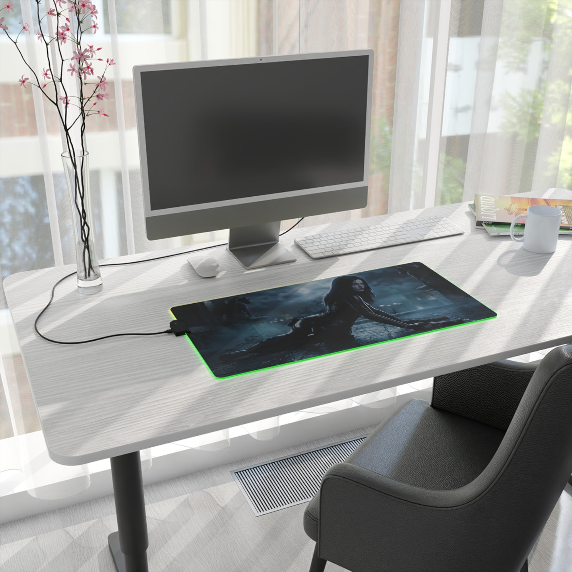 Underworld Mouse Pad, Selene LED RGB Desk Mat, Gift for Gamer, Vampire Room Decor - gothic moonlit gaming desk mat with green RGB edge