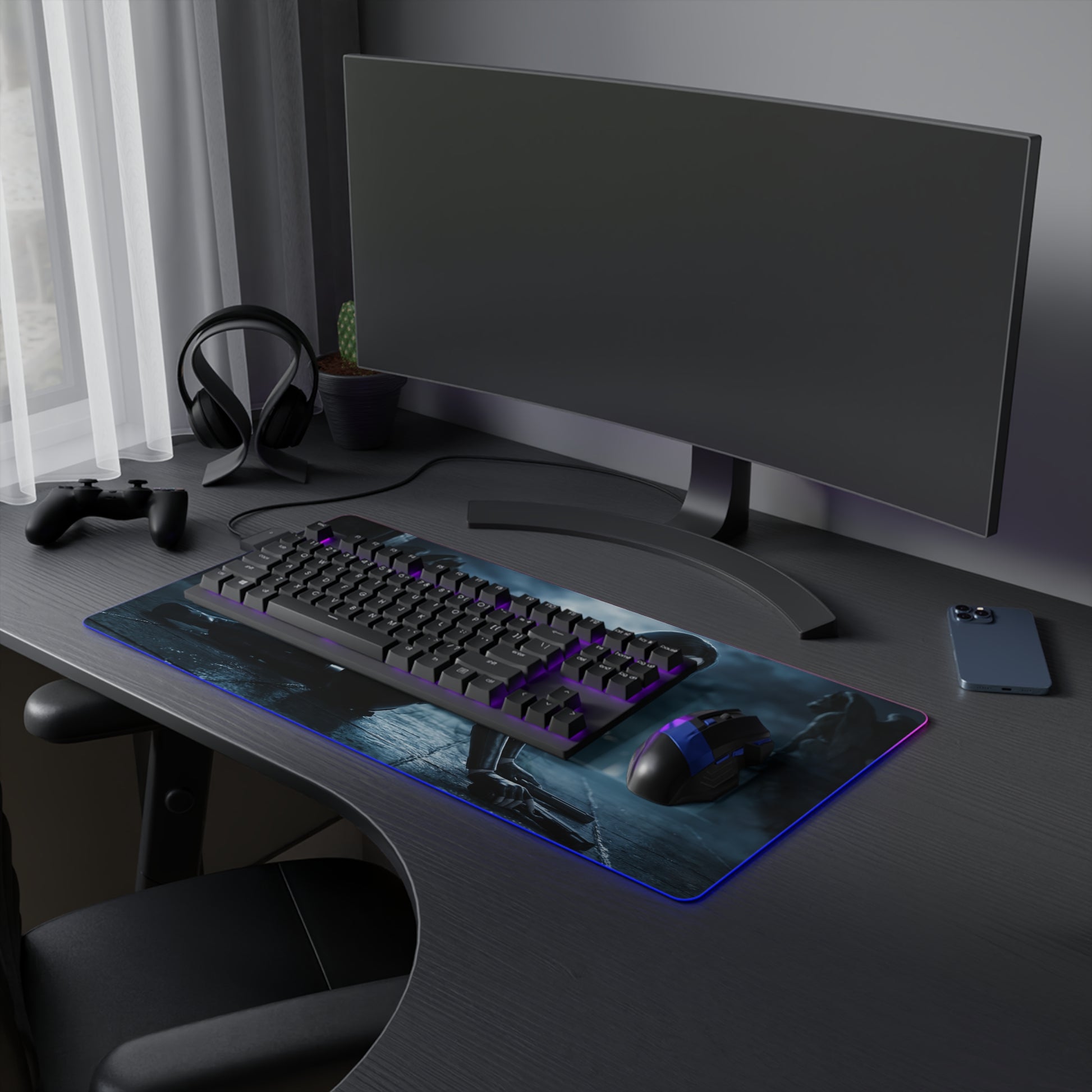 Underworld Mouse Pad, Selene LED RGB Desk Mat, Gift for Gamer, Vampire Room Decor — gothic gaming desk mat with RGB edge and Selene artwork