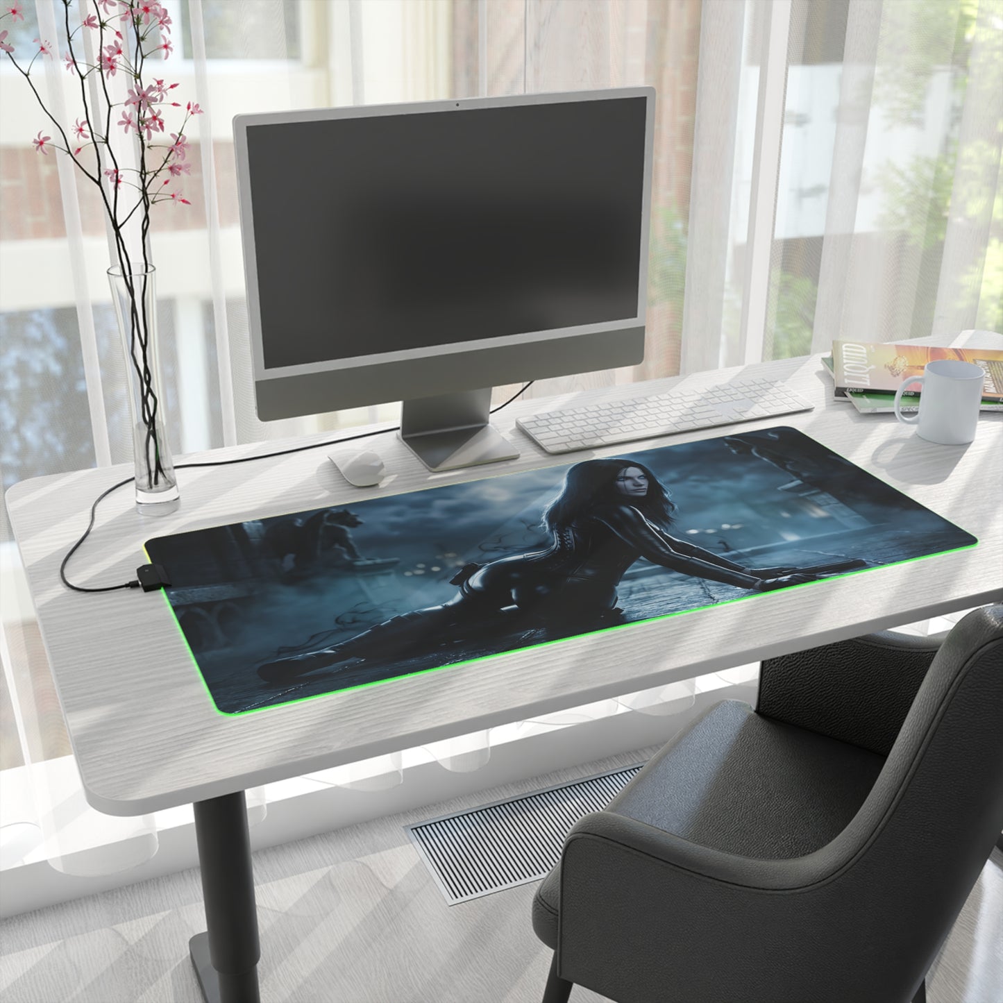 Underworld Mouse Pad, Selene LED RGB Desk Mat, Gift for Gamer, Vampire Room Decor showing gothic Selene artwork on illuminated RGB desk mat