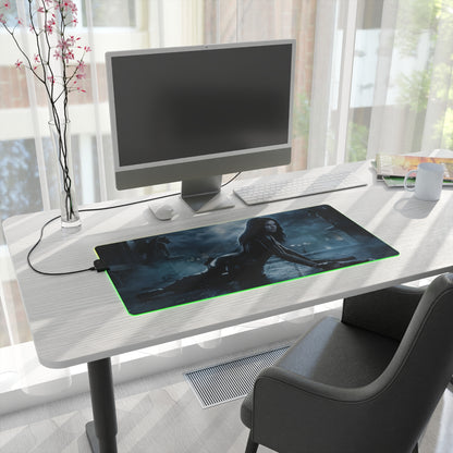 Underworld Mouse Pad, Selene LED RGB Desk Mat, Gift for Gamer, Vampire Room Decor placed on a modern white desk with monitor and green RGB glow