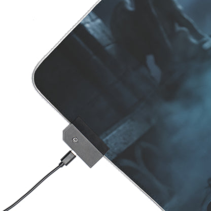 Underworld Mouse Pad, Selene LED RGB Desk Mat, Gift for Gamer, Vampire Room Decor — close-up of RGB controller and moonlit gothic artwork on precision cloth surface