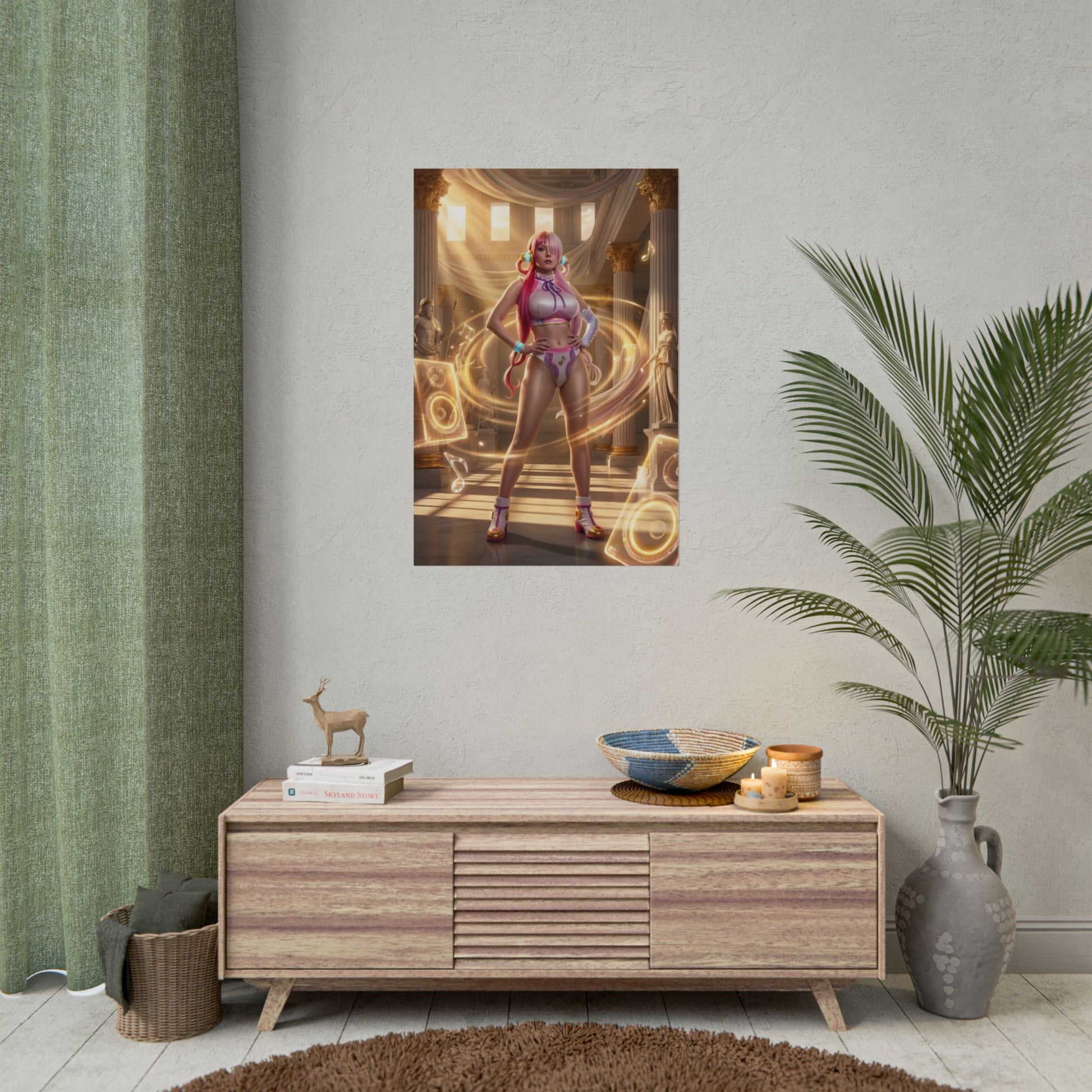 Uta Poster / Uta Wall Art / Uta Art Print / One Piece Poster showing Uta singing with glowing musical energy in vibrant idol-style wall art
