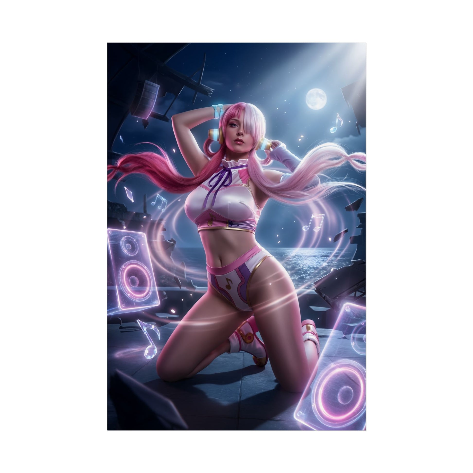 Uta Poster / Uta Wall Art / Uta Art Print / One Piece Poster featuring Uta performing with glowing speakers, musical notes, motion and moonlit stage