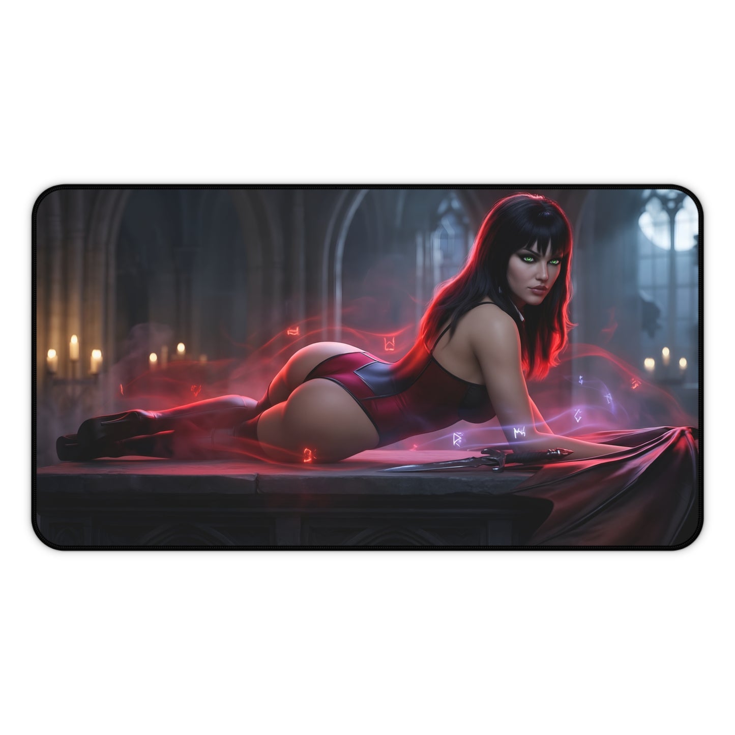 Vampirella Mouse Pad – Horror Fantasy Gaming Mouse Pad, Stylish Gamer Desk Decor showing vampire heroine on gothic gaming desk