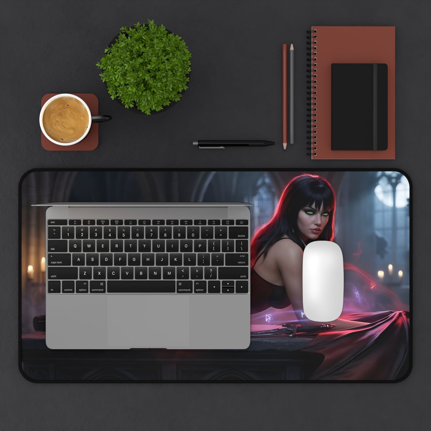 Vampirella Mouse Pad – Horror Fantasy Gaming Mouse Pad, Stylish Gamer Desk Decor showing Vampirella artwork under laptop and mouse on gaming desk