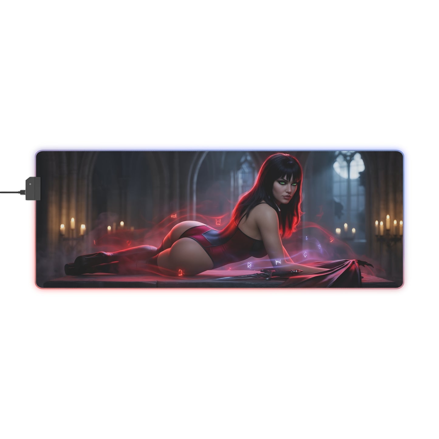 Vampirella RGB Mouse Pad – Dark Fantasy LED Desk Mat, Gamer Room Decor featuring Vampirella artwork with RGB edge lighting and extended desk coverage