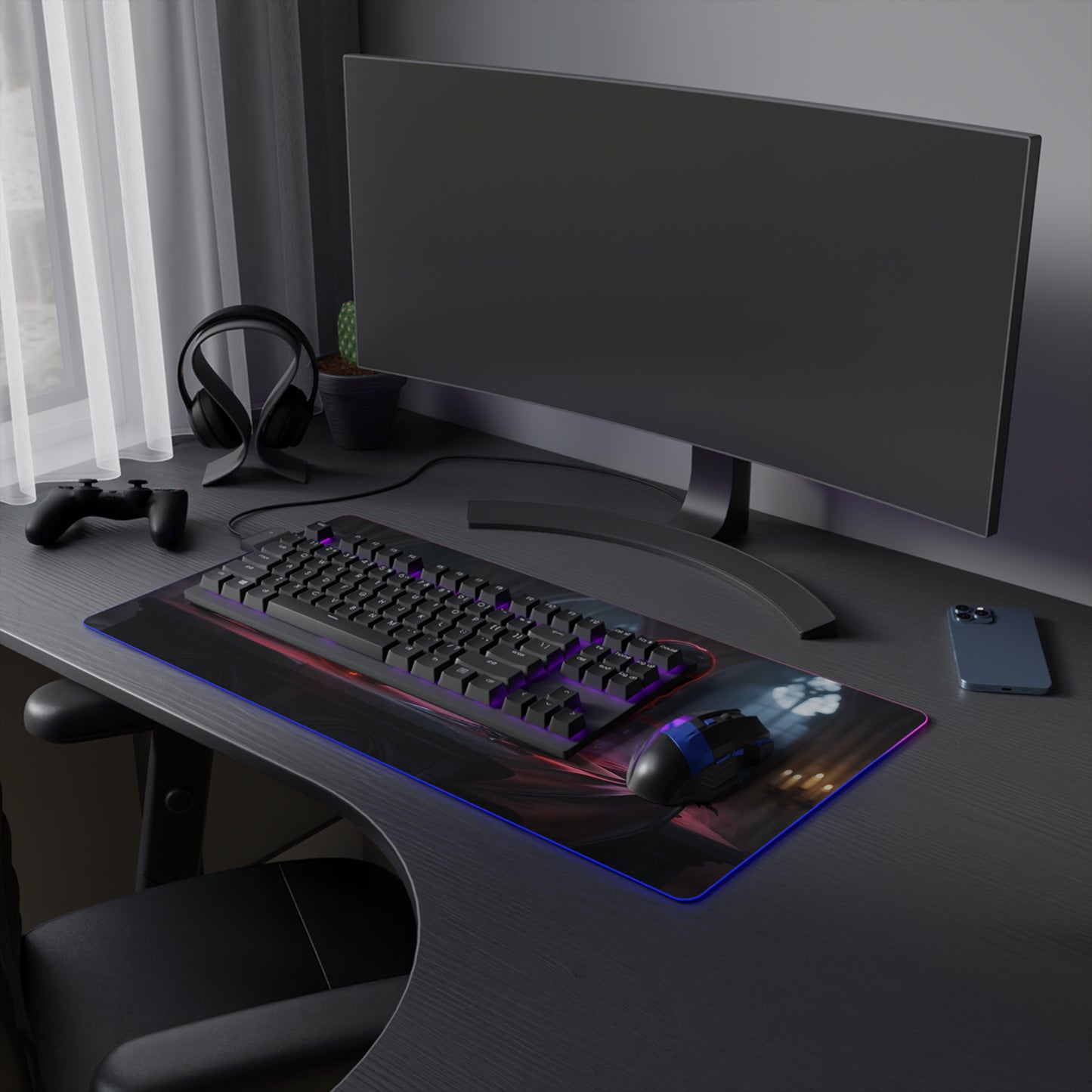 Vampirella RGB Mouse Pad – Dark Fantasy LED Desk Mat, Gamer Room Decor on an RGB-lit extended desk mat with keyboard and mouse
