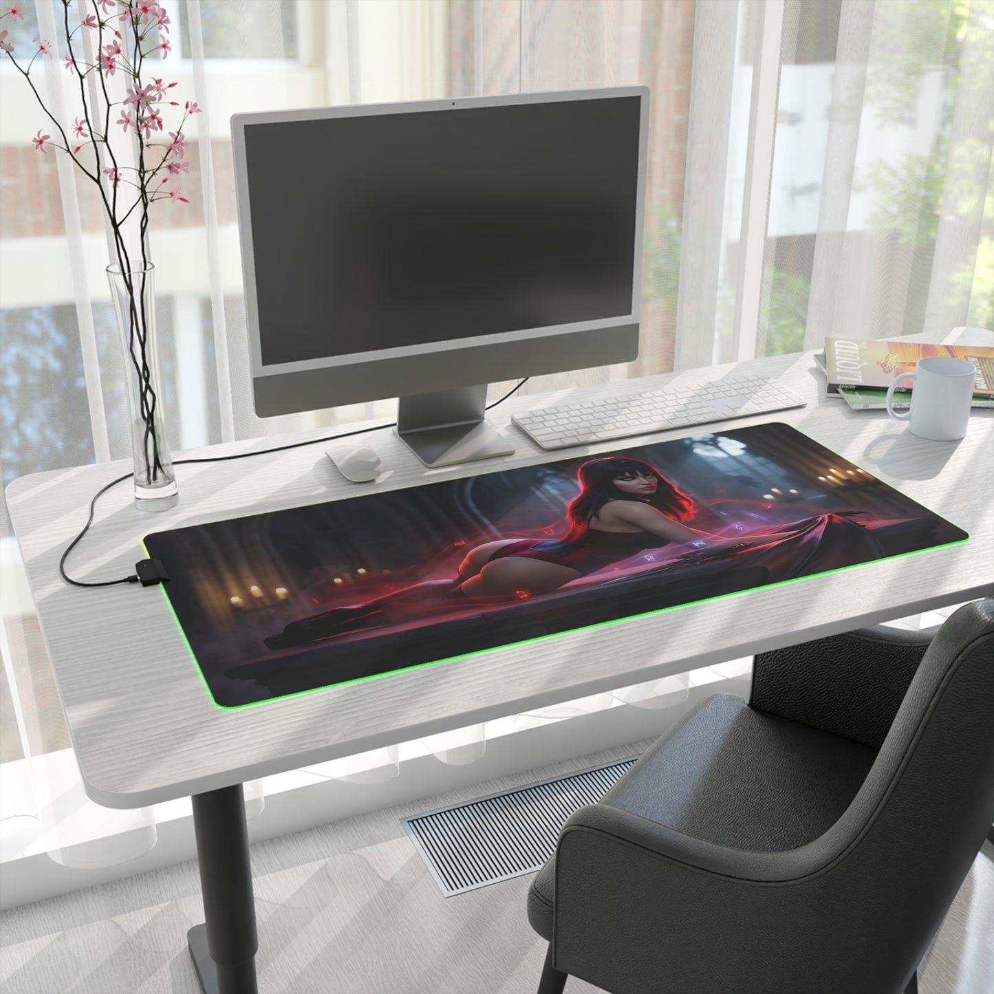 Vampirella RGB Mouse Pad – Dark Fantasy LED Desk Mat, Gamer Room Decor on a modern desk with green RGB edge lighting and Vampirella artwork