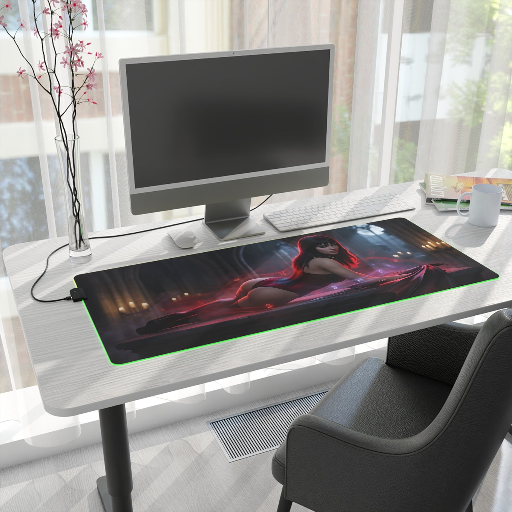 Vampirella RGB Mouse Pad – Dark Fantasy LED Desk Mat, Gamer Room Decor on a modern desk with green RGB edge lighting and Vampirella artwork
