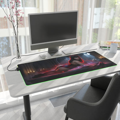Vampirella RGB Mouse Pad – Dark Fantasy LED Desk Mat, Gamer Room Decor on a modern desk with green RGB edge lighting and Vampirella artwork